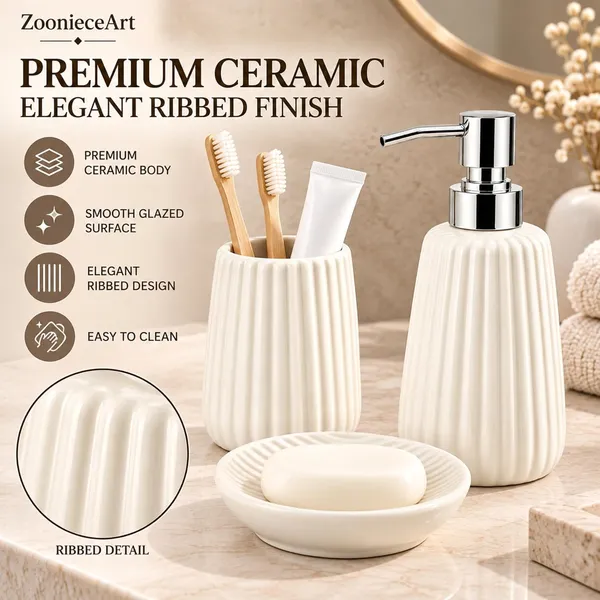 White_Ceramic_Glossy_Glazed_Finish_Soap_Dispenser_&_Toothbrush_Holder_&_Soap_Dish_For_Bathroom