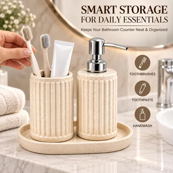 Cream_Ceramic_Glossy_Glazed_Finish_Soap_Dispenser_&_Toothbrush_Holder_&_Organizer_Tray_For_Bathroom