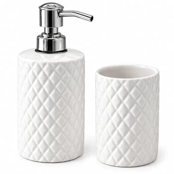 White_Ceramic_Glossy_Glazed_Finish_Soap_Dispenser_With_Pump_&_Toothbrush_Holder_For_Bathroom