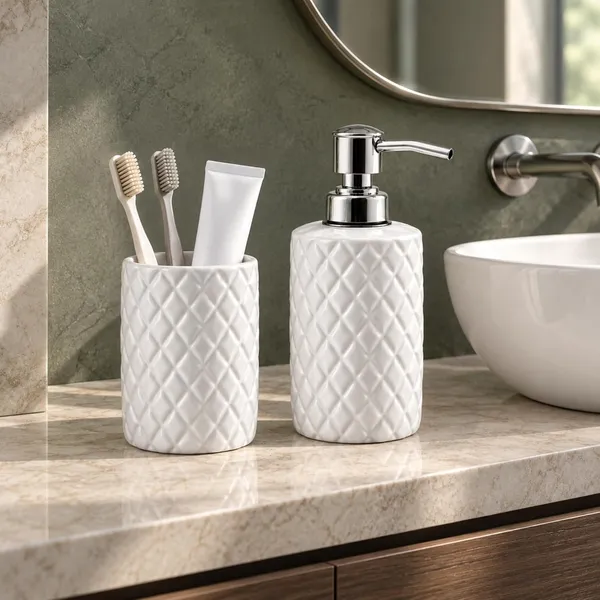 White_Ceramic_Glossy_Glazed_Finish_Soap_Dispenser_With_Pump_&_Toothbrush_Holder_For_Bathroom