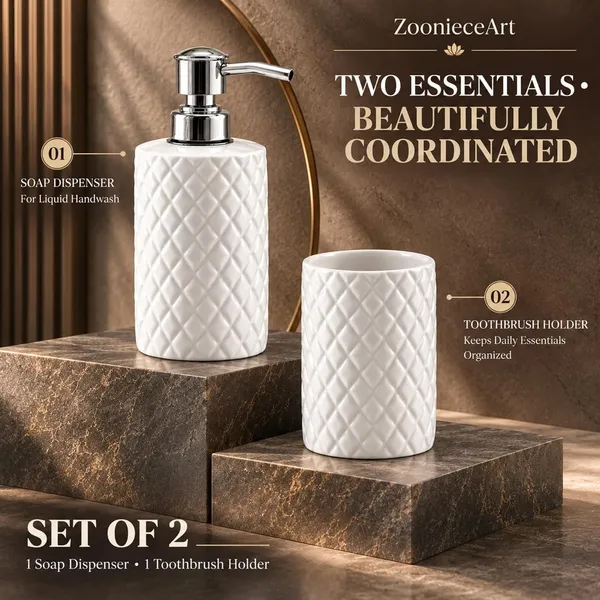 White_Ceramic_Glossy_Glazed_Finish_Soap_Dispenser_With_Pump_&_Toothbrush_Holder_For_Bathroom