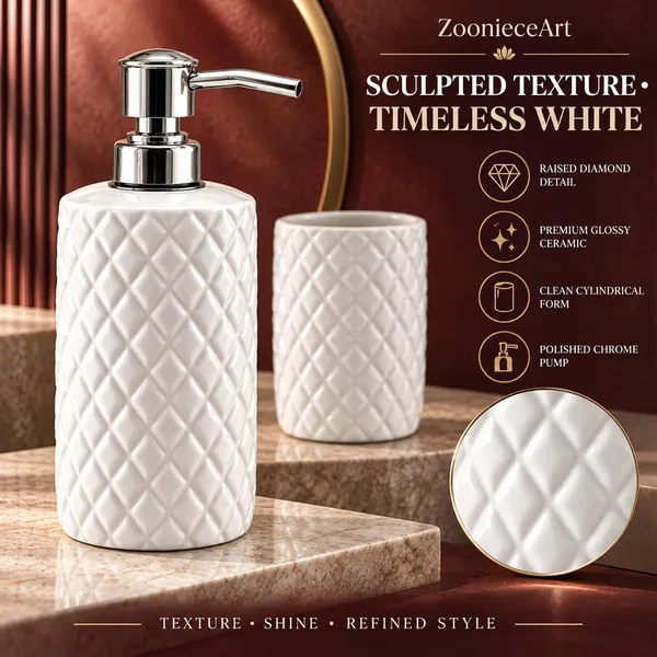 White_Ceramic_Glossy_Glazed_Finish_Soap_Dispenser_With_Pump_&_Toothbrush_Holder_For_Bathroom