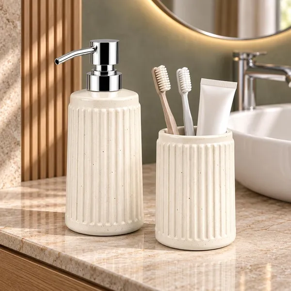 White_Ceramic_Glossy_Glazed_Finish_Soap_Dispenser_With_Pump_&_Toothbrush_Holder_For_Bathroom