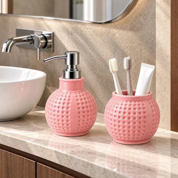 Pink_Ceramic_Glossy_Glazed_Finish_Soap_Dispenser_With_Pump_&_Toothbrush_Holder_For_Bathroom