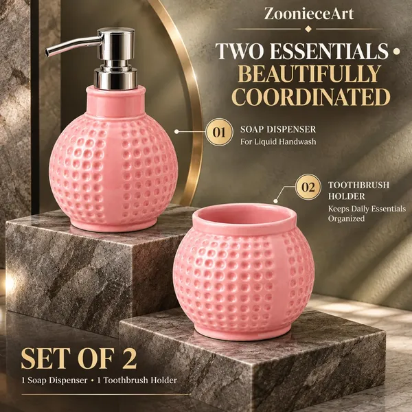 Pink_Ceramic_Glossy_Glazed_Finish_Soap_Dispenser_With_Pump_&_Toothbrush_Holder_For_Bathroom