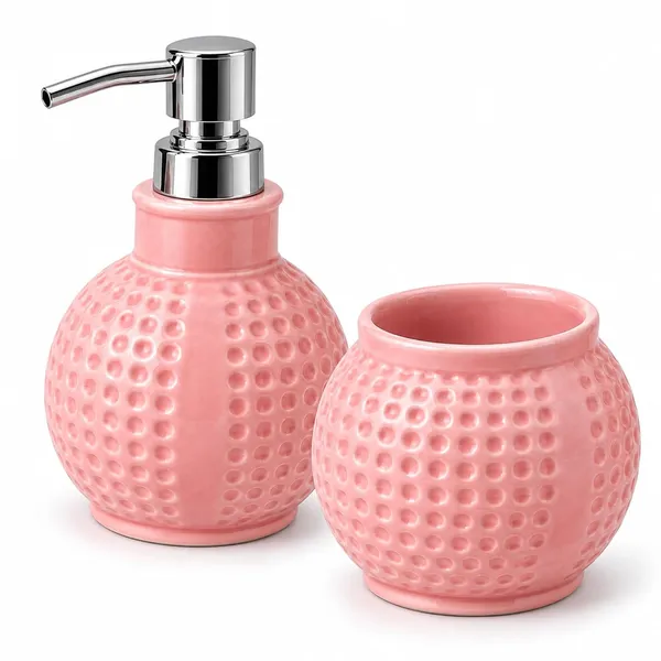 Pink_Ceramic_Glossy_Glazed_Finish_Soap_Dispenser_With_Pump_&_Toothbrush_Holder_For_Bathroom