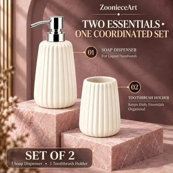 White_Ceramic_Glossy_Glazed_Finish_Soap_Dispenser_With_Pump_&_Toothbrush_Holder_For_Bathroom