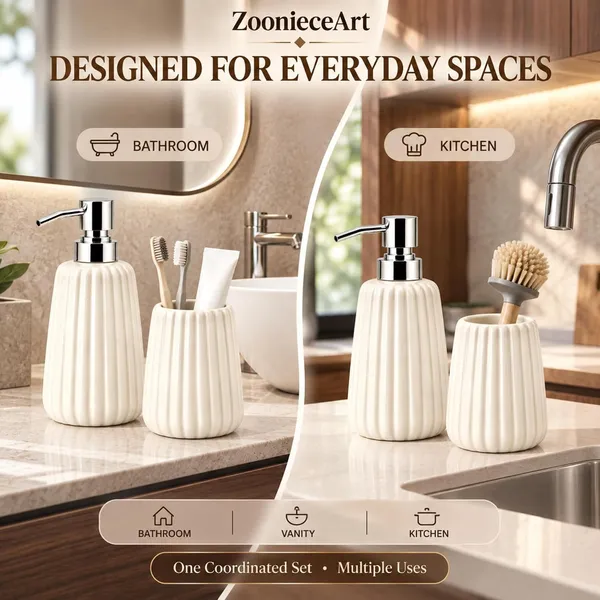 White_Ceramic_Glossy_Glazed_Finish_Soap_Dispenser_With_Pump_&_Toothbrush_Holder_For_Bathroom