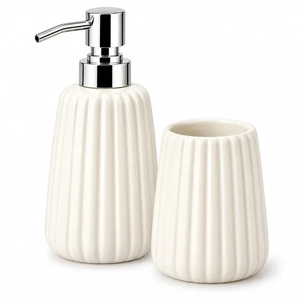 White_Ceramic_Glossy_Glazed_Finish_Soap_Dispenser_With_Pump_&_Toothbrush_Holder_For_Bathroom