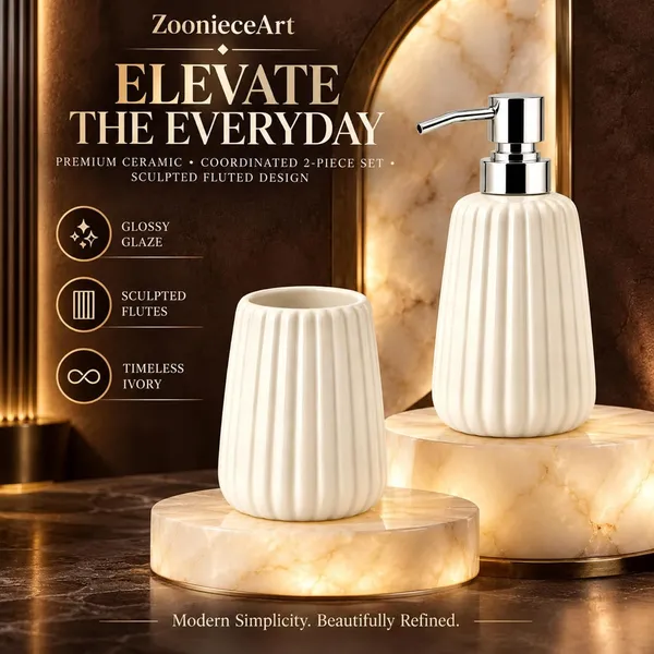 White_Ceramic_Glossy_Glazed_Finish_Soap_Dispenser_With_Pump_&_Toothbrush_Holder_For_Bathroom