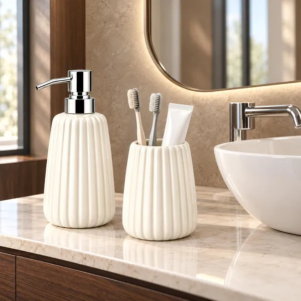 White_Ceramic_Glossy_Glazed_Finish_Soap_Dispenser_With_Pump_&_Toothbrush_Holder_For_Bathroom