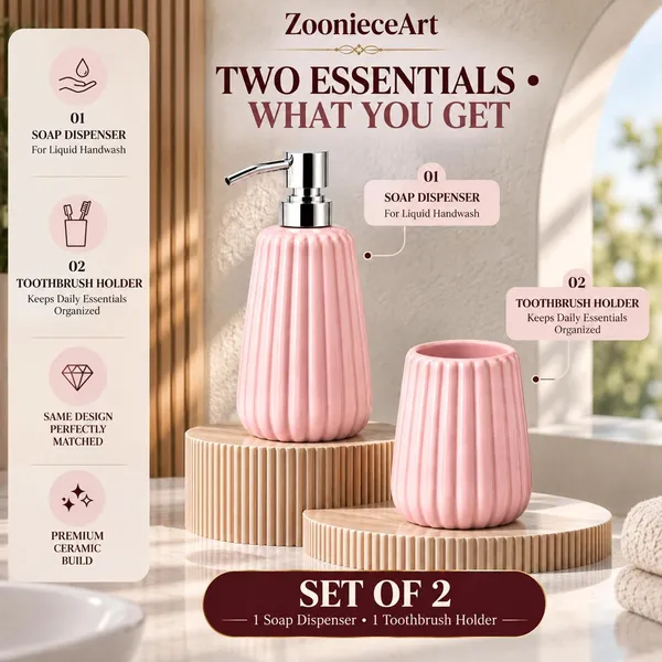 Pink_Ceramic_Glossy_Glazed_Finish_Soap_Dispenser_With_Pump_&_Toothbrush_Holder_For_Bathroom