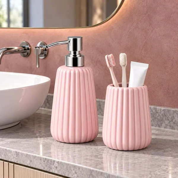 Pink_Ceramic_Glossy_Glazed_Finish_Soap_Dispenser_With_Pump_&_Toothbrush_Holder_For_Bathroom