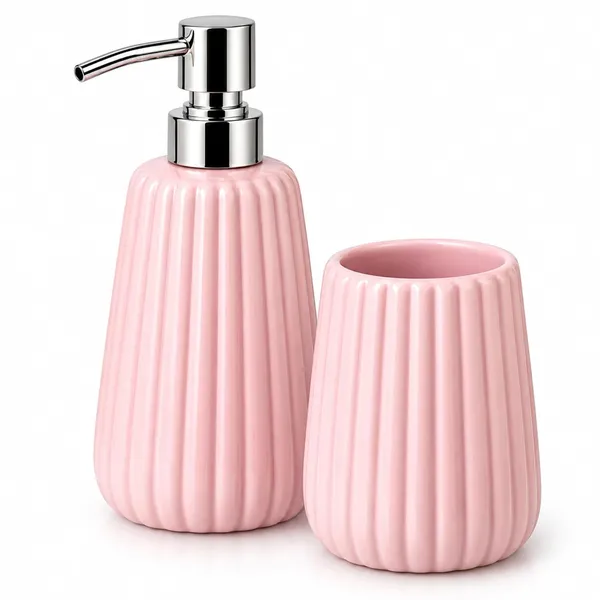 Pink_Ceramic_Glossy_Glazed_Finish_Soap_Dispenser_With_Pump_&_Toothbrush_Holder_For_Bathroom