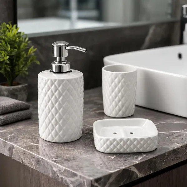 White_Ceramic_Glossy_Glazed_Finish_Soap_Dispenser_&_Toothbrush_Holder_&_Soap_Dish_For_Bathroom