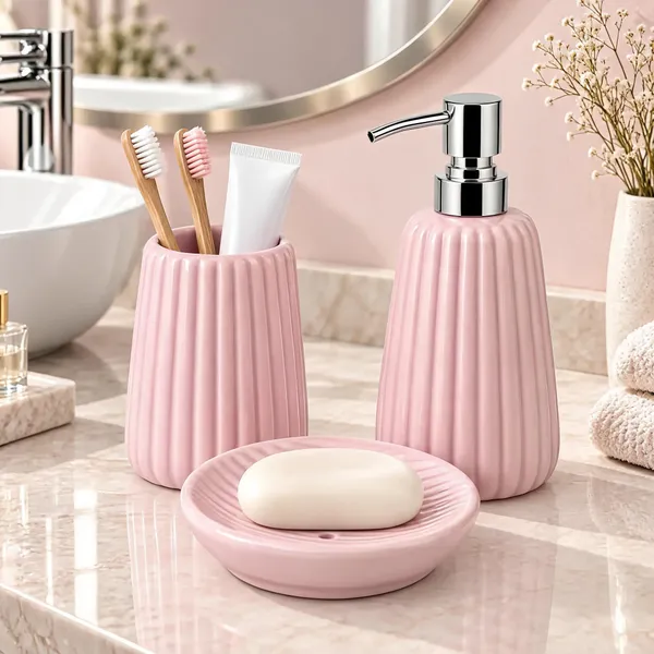 Pink_Ceramic_Glossy_Glazed_Finish_Soap_Dispenser_&_Toothbrush_Holder_&_Soap_Dish_For_Bathroom