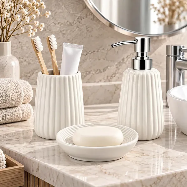 White_Ceramic_Glossy_Glazed_Finish_Soap_Dispenser_&_Toothbrush_Holder_&_Soap_Dish_For_Bathroom