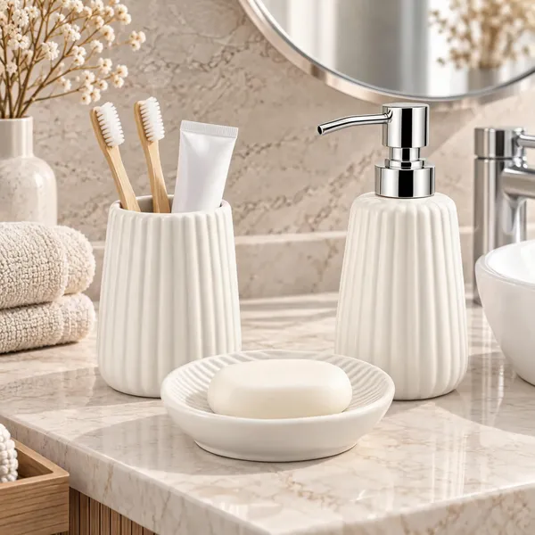 White_Ceramic_Glossy_Glazed_Finish_Soap_Dispenser_&_Toothbrush_Holder_&_Soap_Dish_For_Bathroom