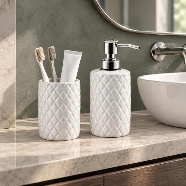 White_Ceramic_Glossy_Glazed_Finish_Soap_Dispenser_With_Pump_&_Toothbrush_Holder_For_Bathroom