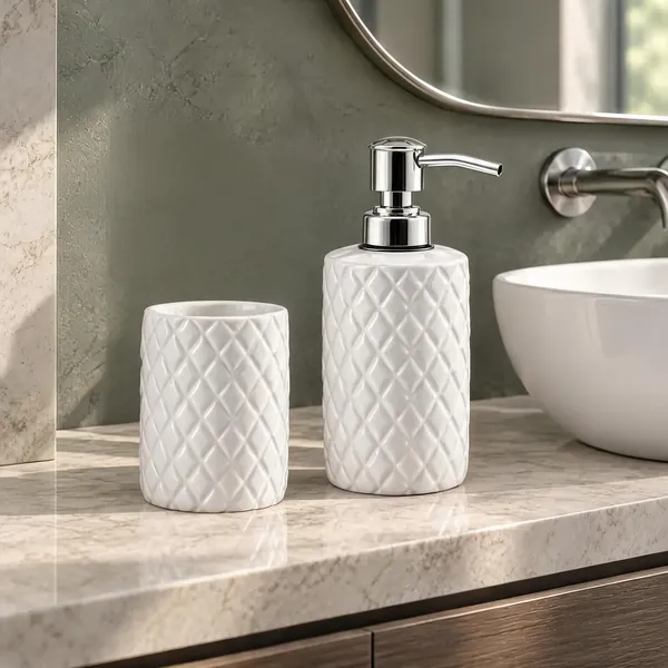 White_Ceramic_Glossy_Glazed_Finish_Soap_Dispenser_With_Pump_&_Toothbrush_Holder_For_Bathroom