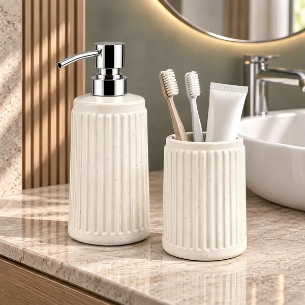 White_Ceramic_Glossy_Glazed_Finish_Soap_Dispenser_With_Pump_&_Toothbrush_Holder_For_Bathroom