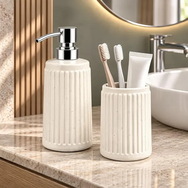 White_Ceramic_Glossy_Glazed_Finish_Soap_Dispenser_With_Pump_&_Toothbrush_Holder_For_Bathroom