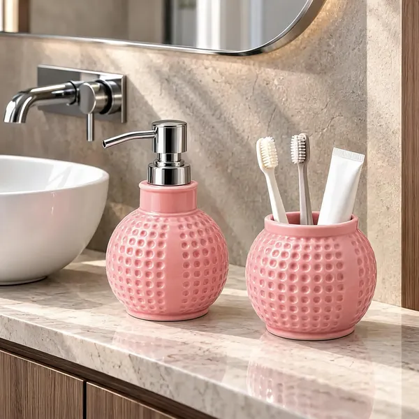 Pink_Ceramic_Glossy_Glazed_Finish_Soap_Dispenser_With_Pump_&_Toothbrush_Holder_For_Bathroom