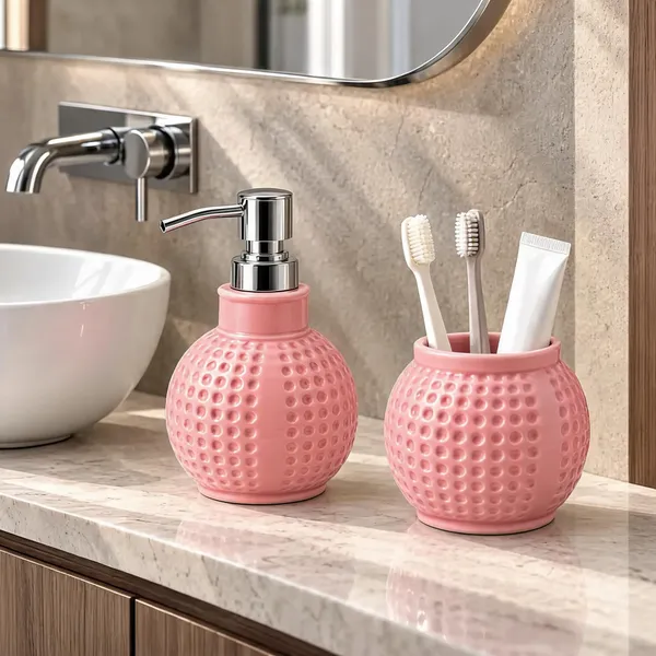 Pink_Ceramic_Glossy_Glazed_Finish_Soap_Dispenser_With_Pump_&_Toothbrush_Holder_For_Bathroom