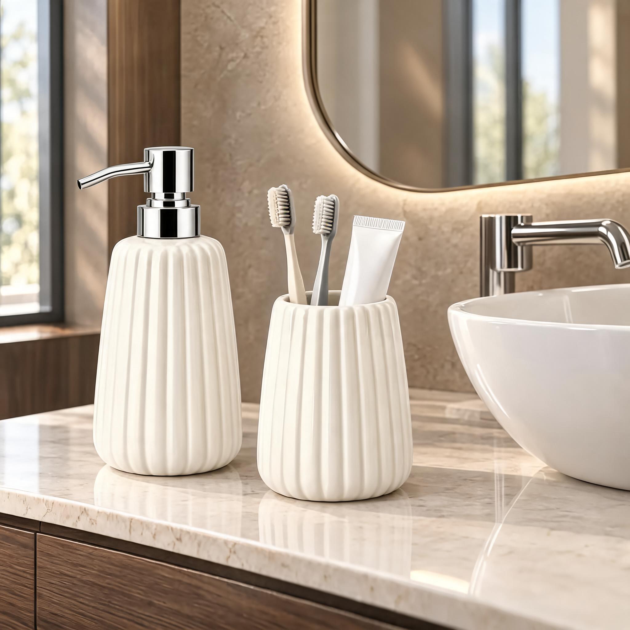 White_Ceramic_Glossy_Glazed_Finish_Soap_Dispenser_With_Pump_&_Toothbrush_Holder_For_Bathroom