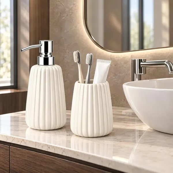 White_Ceramic_Glossy_Glazed_Finish_Soap_Dispenser_With_Pump_&_Toothbrush_Holder_For_Bathroom