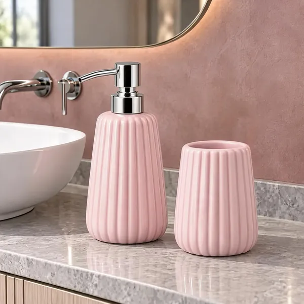 Pink_Ceramic_Glossy_Glazed_Finish_Soap_Dispenser_With_Pump_&_Toothbrush_Holder_For_Bathroom