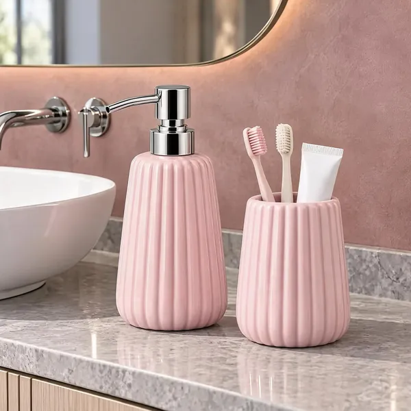 Pink_Ceramic_Glossy_Glazed_Finish_Soap_Dispenser_With_Pump_&_Toothbrush_Holder_For_Bathroom