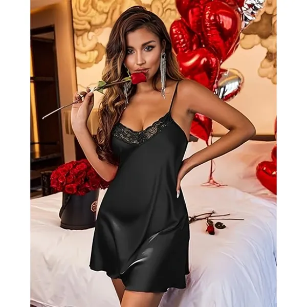 Black_Satin_Spaghetti_Strap_Slip_Nightdress_For_Women