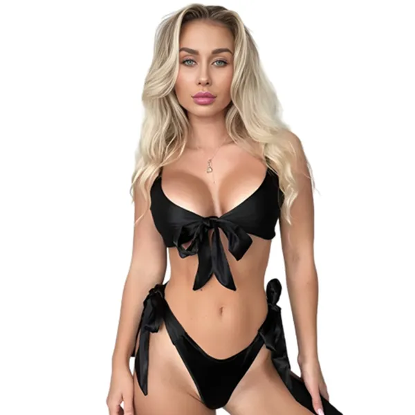 black_Satin_Bow_Detail_Bikini_Set_for_Women