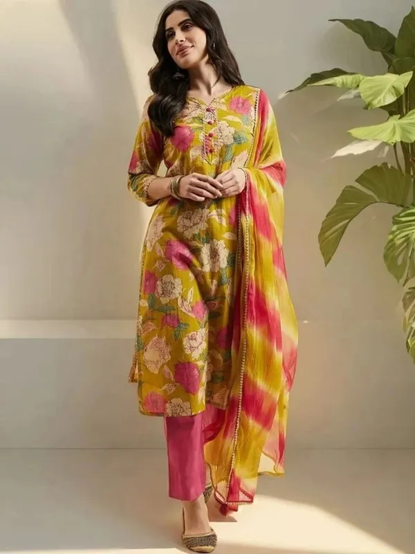 Mustard_Floral_Printed_Kurta_Set_With_Dupatta_For_Women