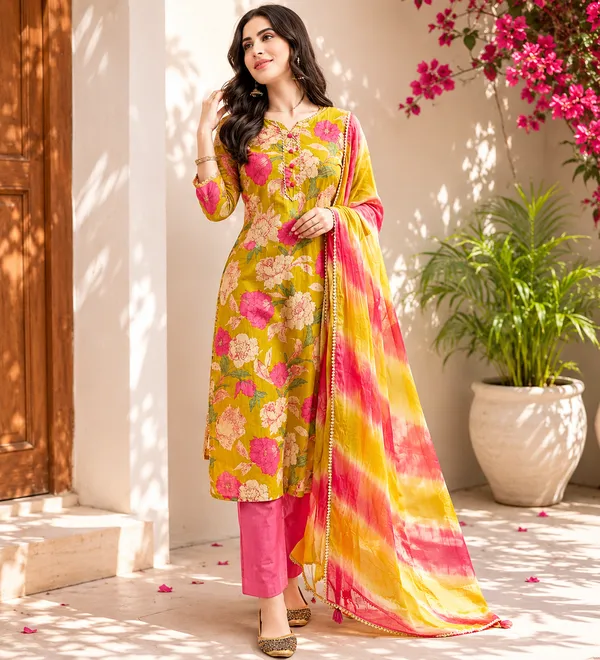 Mustard_Floral_Printed_Kurta_Set_With_Dupatta_For_Women