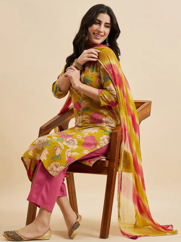 Mustard_Floral_Printed_Kurta_Set_With_Dupatta_For_Women