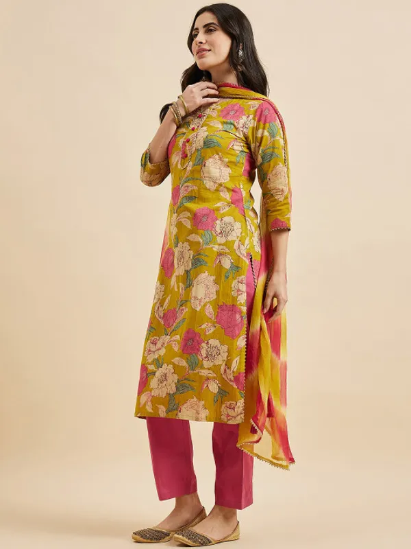 Mustard_Floral_Printed_Kurta_Set_With_Dupatta_For_Women