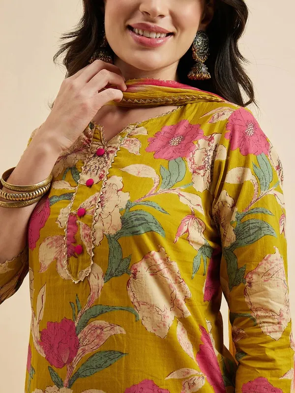 Mustard_Floral_Printed_Kurta_Set_With_Dupatta_For_Women