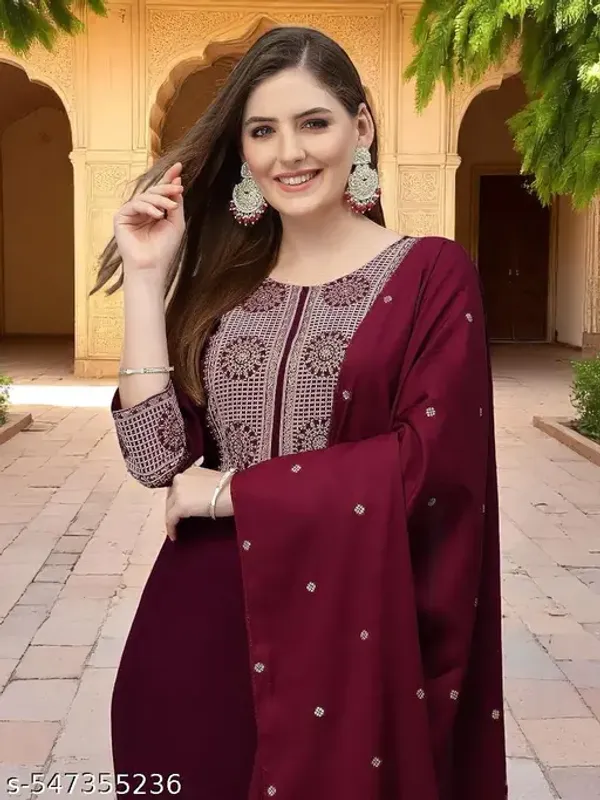 Maroon_Embroidered_Straight_Kurta_Set_For_Women