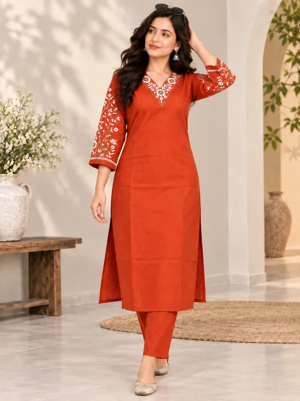 Red_Embroidered_Straight_Kurta_Set_for_Women