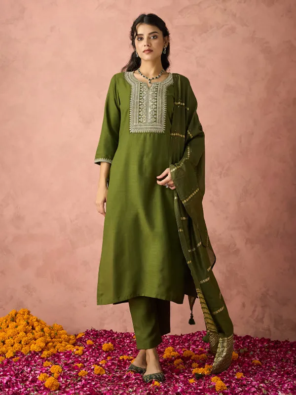 Olive_Green_Embroidered_Kurta_Set_For_Women