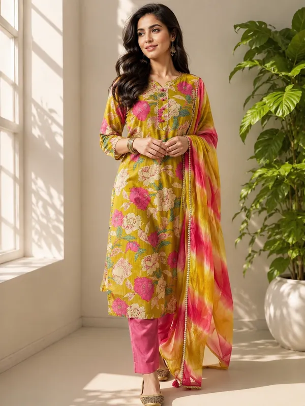 Mustard_Floral_Printed_Kurta_Set_With_Dupatta_For_Women