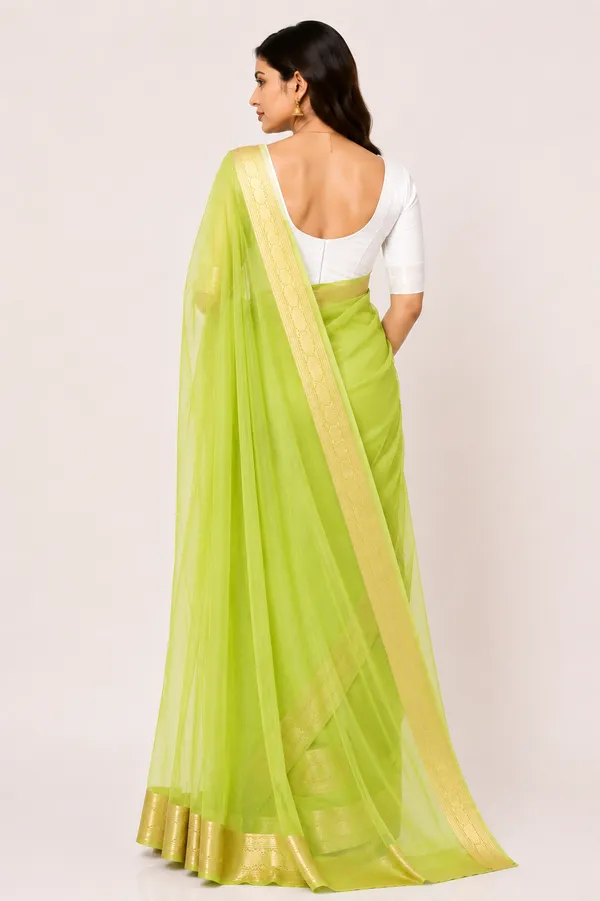 Lime_Green_Sheer_Zari_Border_Saree_for_Women