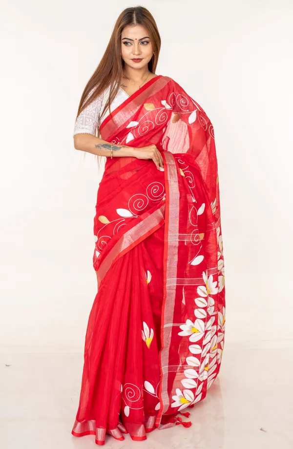 Red_Chiffon_Floral_Print_Saree_For_Women