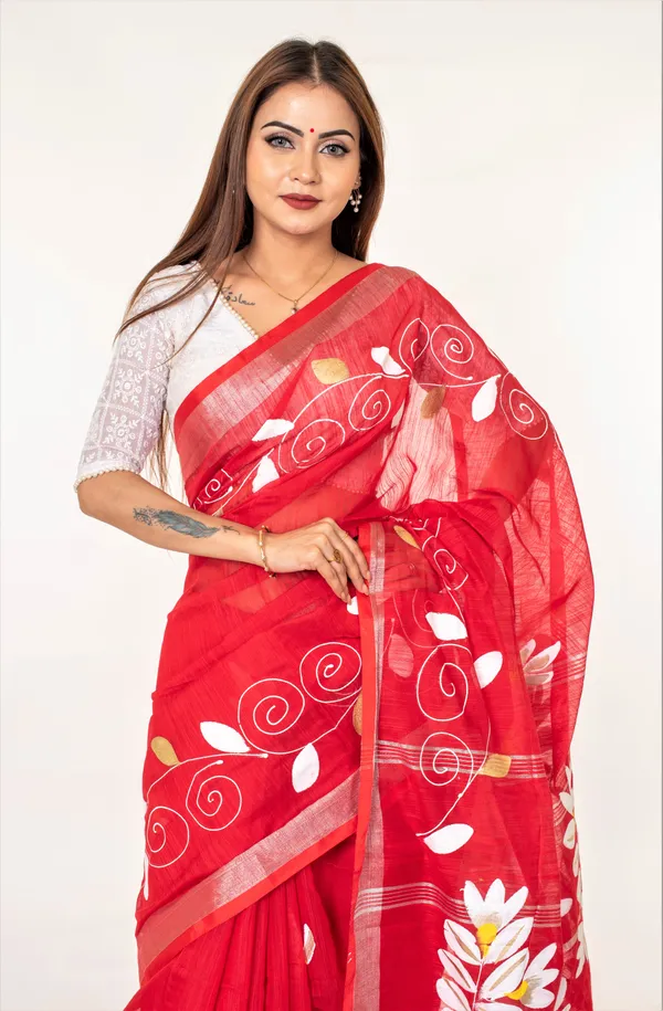 Red_Chiffon_Floral_Print_Saree_For_Women
