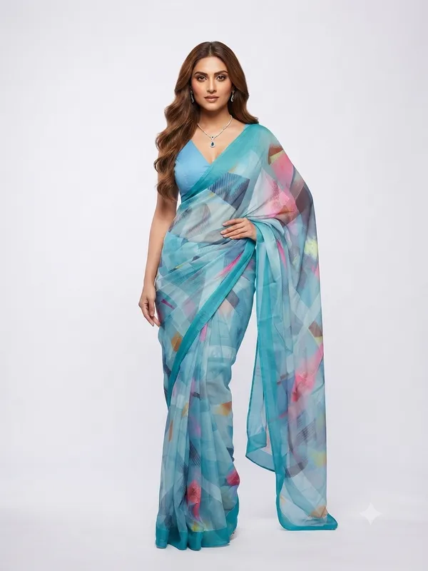 Aqua_Blue_Sheer_Printed_Saree_for_Women