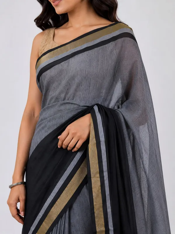 Grey_And_Black_Sheer_Striped_Saree_For_Women
