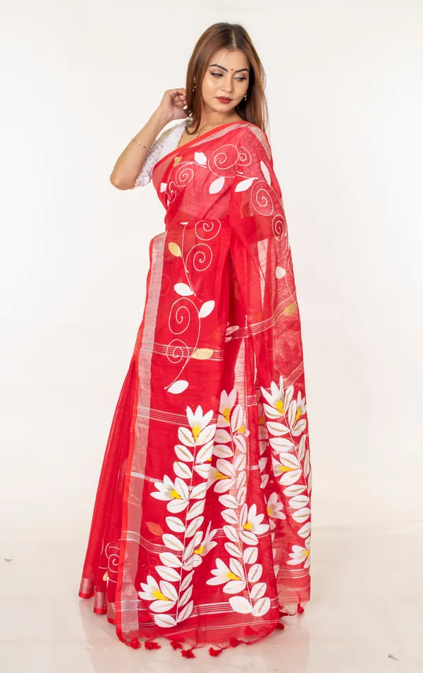 Red_Chiffon_Floral_Print_Saree_For_Women