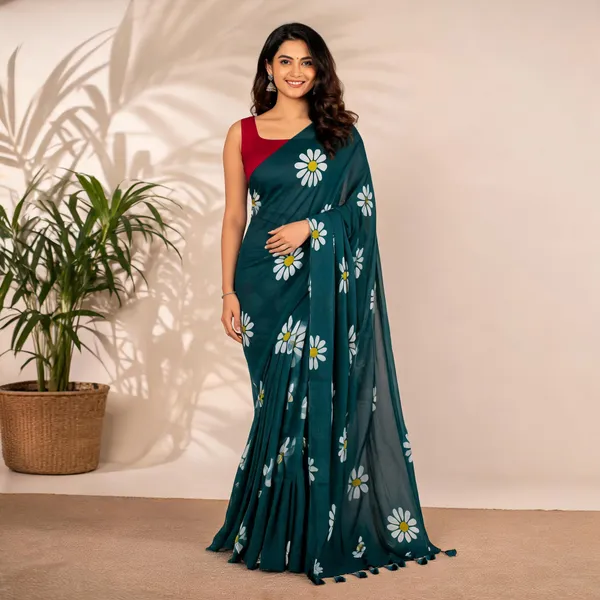 Deep_Green_Floral_Print_Saree_for_Women